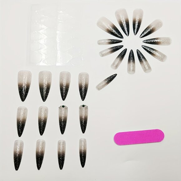24 Pcs Black Gradient Glitter Stiletto Press-On Nails, Medium Length Drop Shape - Picture 5 of 6